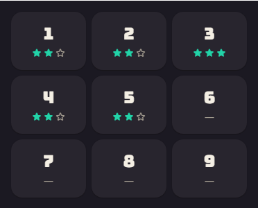 Level select: nine tiles, each showing stars earned