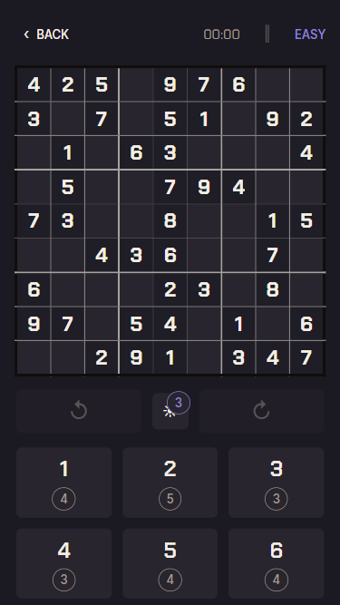 The Nine Circles board mid-puzzle, with timer, difficulty and number pad